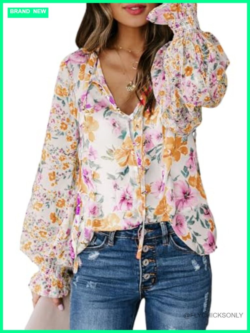 Boho Floral Print V Neck Long Sleeve Drawstring Top Loose Blouse
